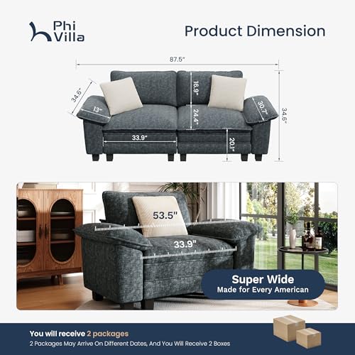 Image of PHI VILLA Indoor Modular Couches Sets, 87.5 inch Sectional Loveseat Sofa with Upholstered Deep Seat, 2-Seater Comfy Couches for Living Room Bedroom, Chenille Fabric, Dark Cyan