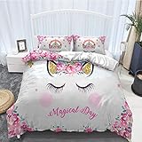 Zhh Unicorn Duvet Cover Full 3Pcs Lovely Shy Unicorn with Golden Ears Colorful Angel Bedding Set Kids Girls Magical Day Floral Unicorn Comforter Cover