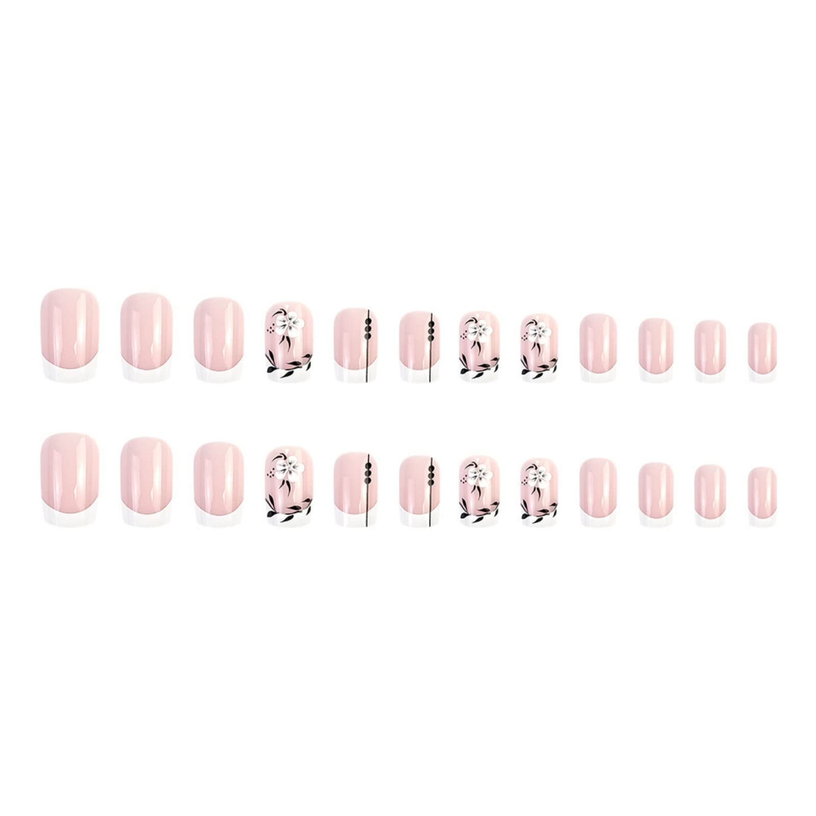 JUSTOTRY 24 Pcs White French Short False Nails,Pink Square Press on Nails with Flower and Leaf Pattern,Glossy Fake Nails Medium for Nails Art,Squoval Stick on Nail for Women Gifts - Image 4