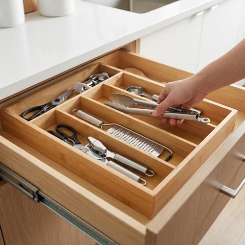 Wooden-Silverware-Organizer-for-Drawer-Bamboo-Utensil-Drawer-Organizers-Kitchen-Utensil-Organizer-Tray-with-5-Storage-Compartments-Flatware-Organizers-for-Cutlery-Flatware-131-x-98-x-15
