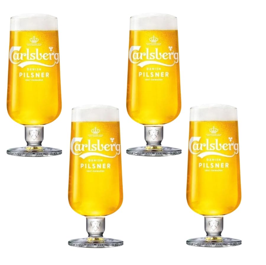 GarageBar | Carlsberg Pilsner Glass | Stemmed Beer Glass | Official Merchandise | Comes with 2X Beer Drip Mats (4, Half Pint)