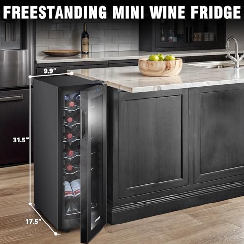 Image of 12 Bottle Wine Cooler, Mini Fridge for Red and White, Small Freestanding Refrigerator with 40-66F Digital Temperature Control Glass Door