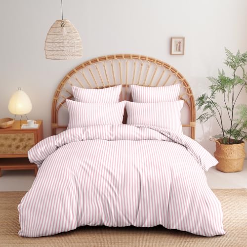 Image of Nayoroom Pink Striped Duvet Cover Queen Size White Stripe Duvet Cover Dorm Bedding Set 3 Pieces Soft Lightweight Washed Microfiber Farmhouse Bedding Set Gifts for Women Men