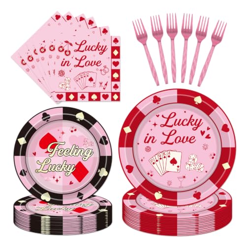 Papiailove Lucky in Romance Bachelorette Party Decorations - 96pcs Casino Poker Themed Plates, Napkins and Foks Set for Las Vegas Night Birthday or Bridal Shower, Serves 24 Guests
