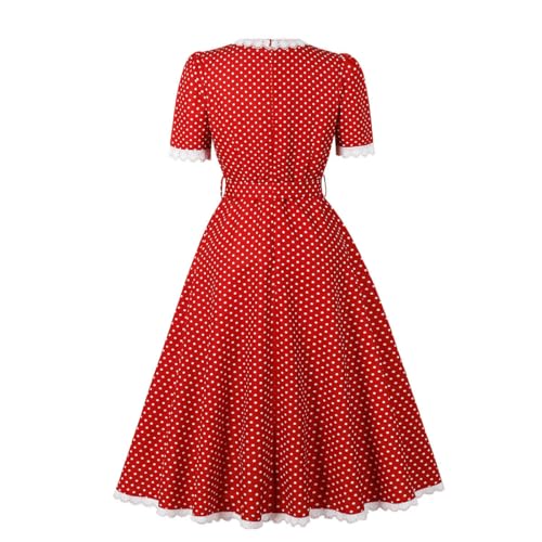 Wellwits Women's Lace Trim V Neck Polka Dots Midi Elegant Vintage Dress2
