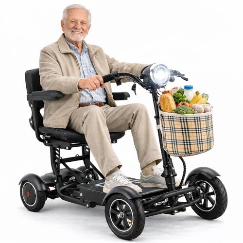 Image of Long Range Double Batteries Senior Scooter Rides Up to 25 Miles, Folding 4-Wheel Electric Travel Scooter Allowed on Airplanes, Large Seat with Flip Back Armrests for Easy Transfer - Matte Black