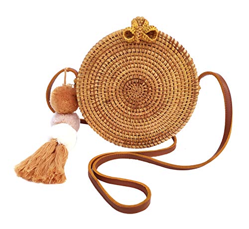 Star Rattan Straw Crossbody Bag with Genuine Leather | Boho Ata Handbag (Butterfly Clasp)