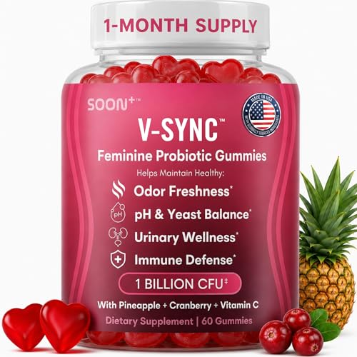 SOON+ Feminine Balance Gummies for Women V-Sync Pineapple Probiotics for pH Balance Support * Vaginal Urinary Immune Digestive Wellness * with Bacillus Coagulans Cranberry Vitamin C 60 Gummies