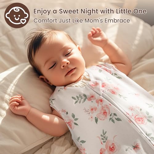Image of david's kids 100% Organic Cotton Baby Wearable Blankets 0-6 Months, Soft Baby Wearable Blankets with 2-Way Zipper, 2 Pack Comfy Sleeping Bags for Infant Newborn Boys Girls, Small Size, Pink Floral