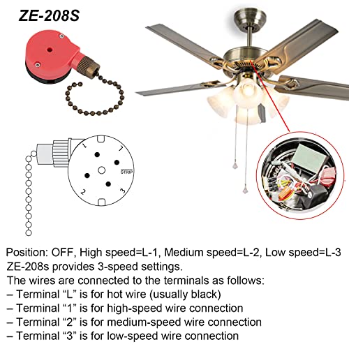Image of ZE-208s Ceiling Fan Switch, 3 Speed 4 Wire E89885 Pull Chain Switch Appliances Speed Control Ceiling Fan Replacement Part (Bronze Chain)