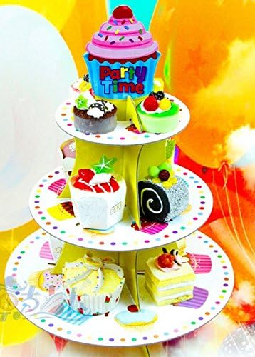 JoyAcc 3-Tier Party Cupcake Stand and Tower with 12 pcs Cupcake Toppers, 14 x 12 Inches, Party Time