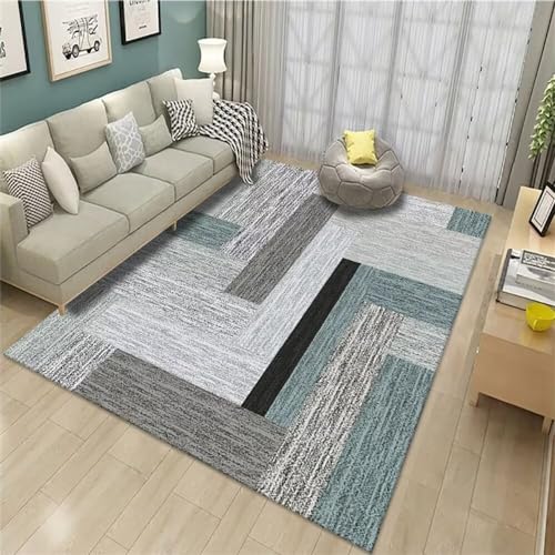 Tapis de salon moderne gris-bleu 140x200cm géométrique lavable