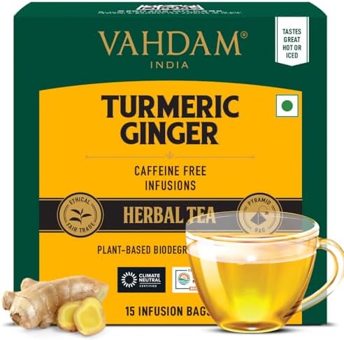 VAHDAM Turmeric Ginger Infusion Bags (15 Bags) | Caffeine Free, Non-GMO, Gluten-Free | 100% Turmeric & Ginger – Savory & Spicy | Direct from Source