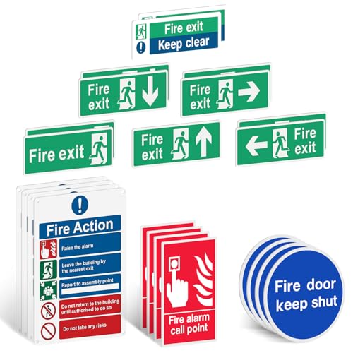 Rubigo Juego de 12 señales de salida de incendios – plástico rígido de 1 mm – 30 x 10 cm derecha, izquierda, arriba, abajo, sin flecha, mantener claro, aviso de acción de incendio, mantener cerrado