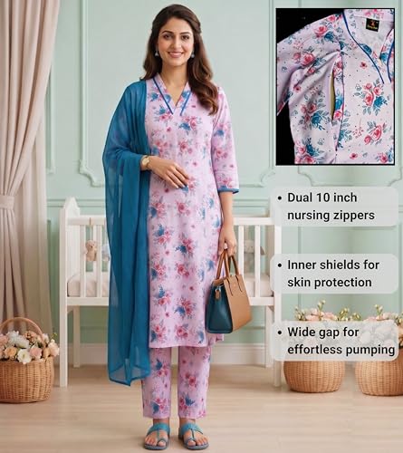 Image of DUMMY SHAPE Maternity Dresses for Women Cotton | Floral Kurta Pant Dupatta Set with Nursing Zippers, Side Pocket | Pre & Post Pregnancy | Feeding Kurti Suit | Baby Shower | Gifts for Pregnant Woman