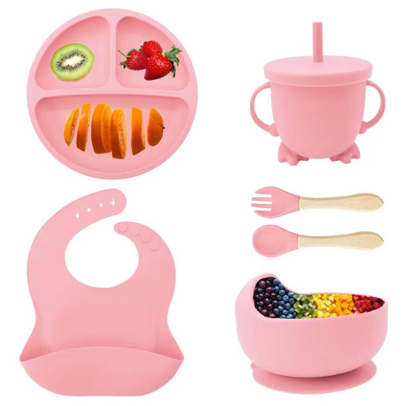 Eliano 6-teiliges Silikon-Baby-Set – rutschfester Teller, Schüssel, Becher mit Strohhalm, Gabel, Löffel, Lätzchen – spülmaschinenfest, BPA-frei, Mikrowellengeeignet – Für Kinder ab 6 Monaten