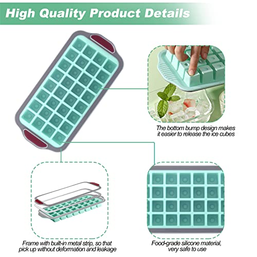 Jbyamus Ice Cube Trays With Lid, 2 Pack Ice Cube Trays For Freezer, Hard Frame Design Is Easy To Pick Up Without Deforming And Spilling, Soft Silicone Base, Easy To Release And Bpa Free. (Green) #TOP3