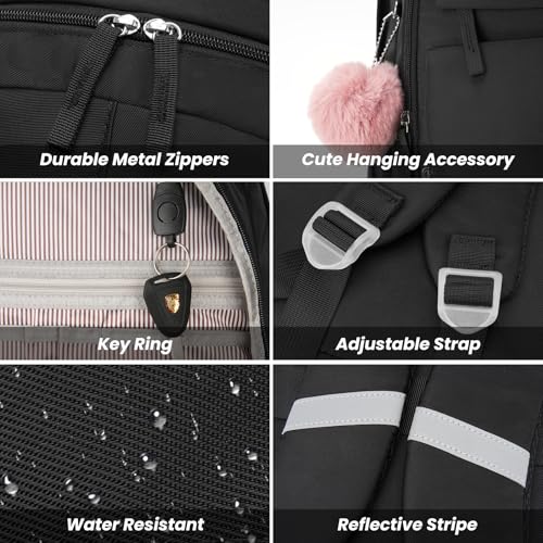 Image of WINDARS School Backpack with Lunch Box for Teen Girls, Cute College Backpacks for Women Students Aesthetic Bookbag Large 15.6 Inch Laptop Bag Middle School Travel Back Pack (Black-3 Pcs)