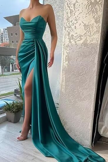 Strapless Satin Prom Dresses Long Mermaid Bridesmaid Cowl Neck Corset Formal Evening Party Gown with High Slit3