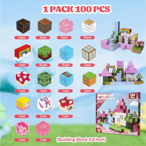 Magnetic Blocks - 100 PCS Magnet Block Stacking Sensory STEM Outdoor Game for 3+ Years Old Boys&Girls Children Birthday Easter Gift, 3D Tiles Construction Weekends Toy Set, Castles and Rainbow