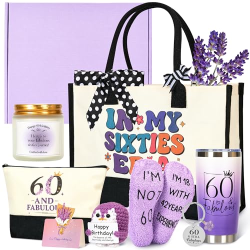Rilcn 60th Birthday Gifts for Women - Fabulous Birthday Gift Set with Tote Bag Tumbler Socks & More - Special Gifts for Her Wife Mom Grandma Friend
