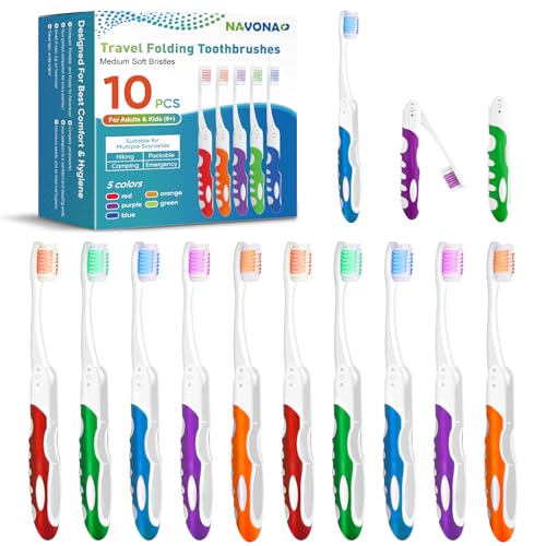 Navona 10 PCS Travel Toothbrush Set Travel Size Toothbrush Folding Mini Toothbrushes Portable Individually Wrapped Bulk Toothbrushes Medium Bristles for Camping Hiking School