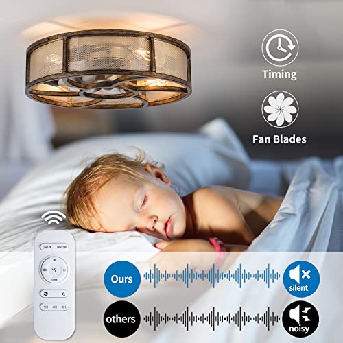 Vernal Life Caged Ceiling Fan With Light Remote Control, 21'' Low Profile Bladeless Enclosed Fan, 6 Speeds Reversible With 5 Bulbs, Rustic Farmhouse Ceiling Fan For Bedroom, Kitchen #TOP4