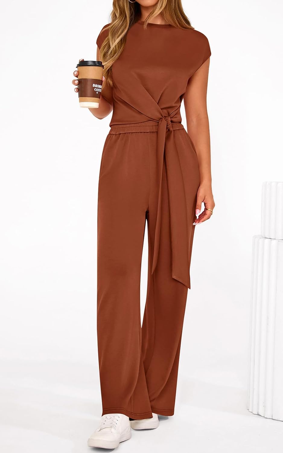 PRETTYGARDEN 2 Piece Lounge Sets For Women 2026 Summer Casual Outfits Cap Sleeve Belted Crop Tops Wide Palazzo Leg Pants - Image 4