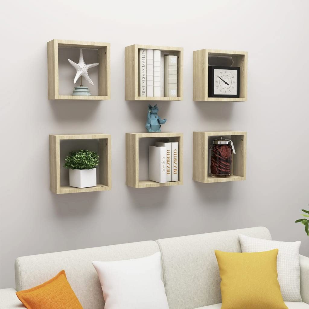 Scaffalature, mensole da parete e sporgenze, mensole cubiche da parete, 6 pezzi, rovere Sonoma, 30 x 15 x 30 cm