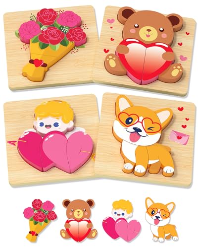 Yetonamr Valentines Wooden Puzzles Gifts for Kids, 4 Pack Toddler Valentine Day Toys for Boys Girls, Valentine Gifts for Kids Classroom, Montessori Toys Valentines Day Party Favors