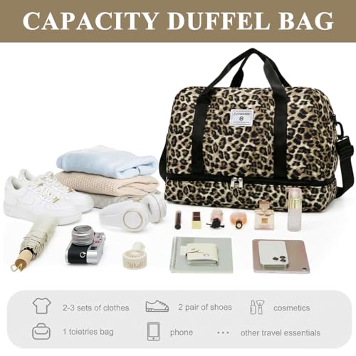 Image of PALAY Travel Bag Oxford Cloth Leopard Print Gym Bags with Shoe Compartment Large Capacity Waterproof Yoga Sports Bag Adjustable Portable Weekend Duffle Bags