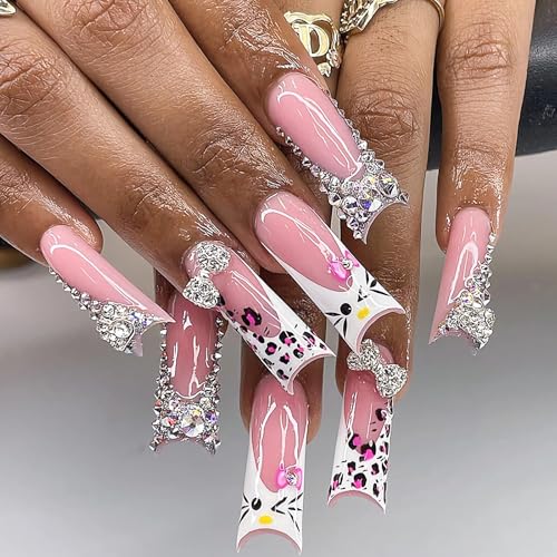 BABALAL Acrylic Press on Nails Long Square Fake Nails White French Glue ons Nails Y2k Cat Kitten & Metallic Bow Charm Design 24Pcs Luxury Bling Rhinestone Squoval
