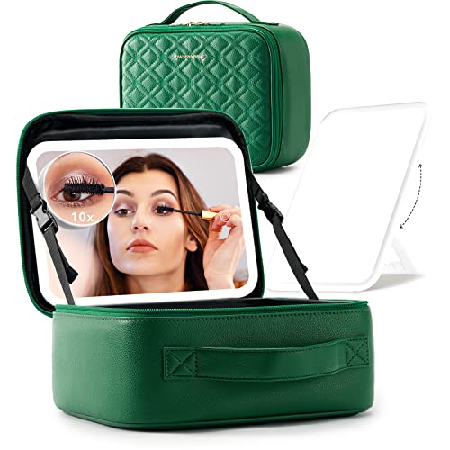 Omobolanle Makeup Bag With Mirror Led Light Detachable Portable Make Up Travel Train Case With Adjustable Dividers And 10X Magnifying Mirror Green #TOP25
