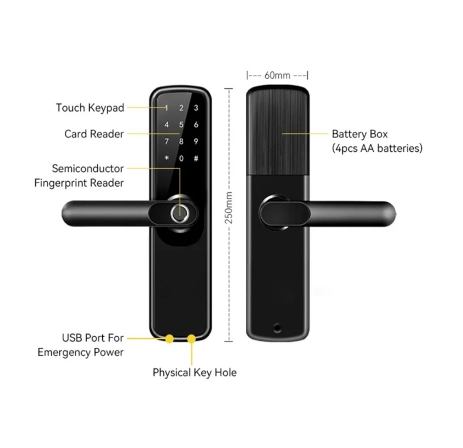 Serrure de porte électronique intelligente, serrure de porte à empreintes digitales, entrée sans clé, avec poignée, contrôle par application, for le bureau et la maison(Silver)