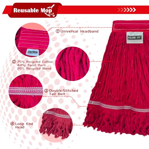 Image of Heavy Duty Commercial String Mop Heads, 3 Pack Cotton Red Mop Head Replacement, Machine Washable Industrial Mop Head Refills for Janitorial, Restaurant, Warehouse & Office Floor Cleaning