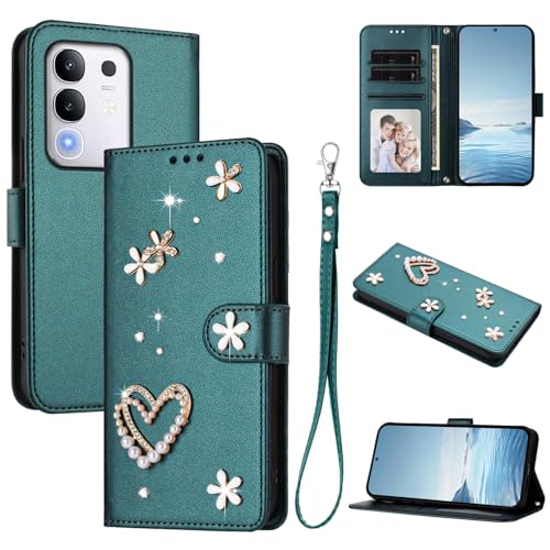Jiajihua Case Compatible with Vivo Y29 4G / T4X / Y300T / IQOO Z10X Lanyard【Card Holder Wallet Flip Cover Magnetic Buckle Kickstand】 Green
