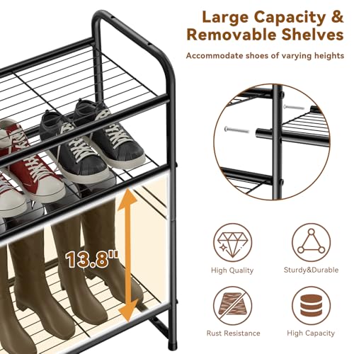 Image of Standard Shoe Rack 4-Tier 32.5 Inches Wide, Free Standing Shoe Organizer for Indoor Outdoor | Adjustable Heavy-Duty Metal Shelf Ideal for Home Entryway Closet & Garage Balcony | Black