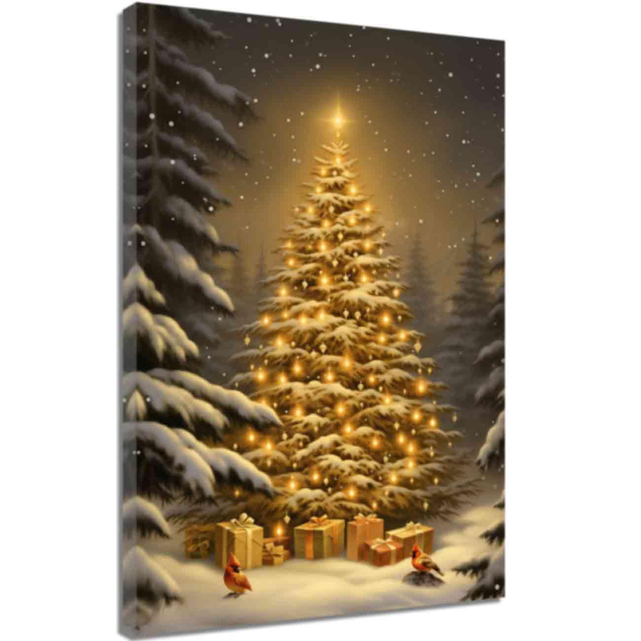 ZQQART Christmas Trees Canvas Wall Art Winter Christmas Theme Pine Tree in Snow Picture Merry Christmas Tree Artwork Christmas Tree Poster Framed (Gold,24.00" x 36.00")