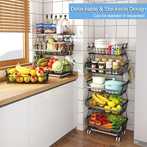 Fruit Basket For Kitchen 5 Tier, Stackable Fruit Vegetable Storage Basket With Wood Top Wheels, Wire Basket Utility Cart Rack, Vegetable Basket Bins For Onions Potatoes, With 1 Free Basket 4 Hangers #TOP1