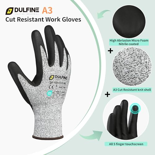 Image of DULFINE A3 /A4 /A9 Cut Resistant 2 /3 /6 /12 Pairs Work Gloves for Men & Women | Touchscreen, Foam Nitrile Coated, Ideal for Glass Cutting, Wood Carving
