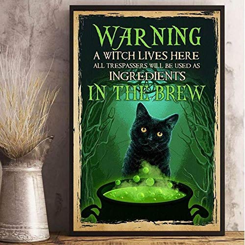 Witch Cat Warning A Witch Lives Here All Trespasser Metal Tin Valentine's Day Decorations Outdoor Garden Lawn Yard Sign Home Wall Decor Art Tin Sign Vintage 8x12 Inch