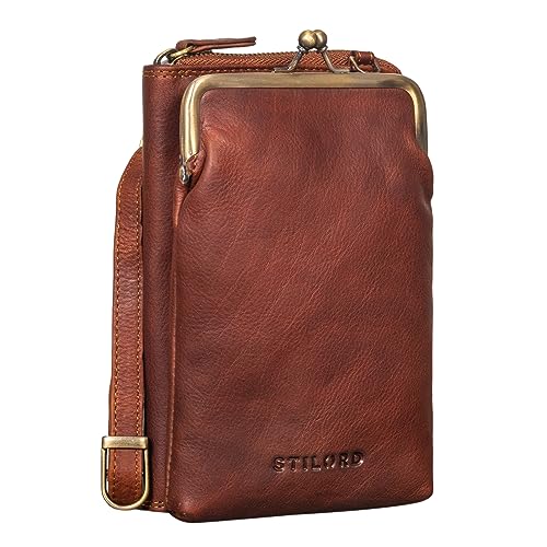 STILORD 'Brea' Echt-Leder Vintage Damen-Geldbörse mit Handytasche zum Umhängen mit Kiss-Lock-Verschluss, NFC und RFID Schutz ideal als Umhängetasche Crossovertasche, Farbe:kara - cognac
