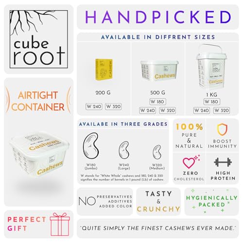 Image of Cube Root 100% Natural Whole Cashew Nuts 500g, W320 Grade (Medium size), Airtight Container, Dry Fruits