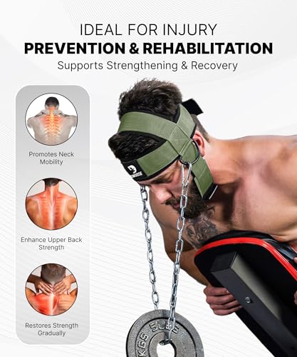 Image of DMoose Fitness Neck Harness for Weight Lifting - Neck Exerciser with 30 inch Heavy Duty Steel Chain - Neck Strengthener to Support Injury Recovery - Adjustable Head & Chin Strap (Military Green)