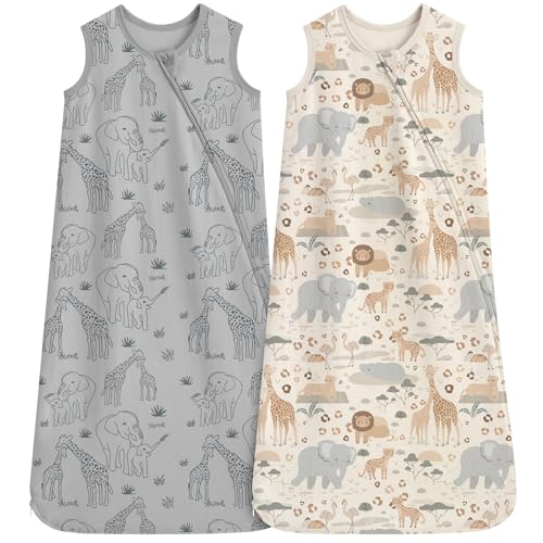 Image of Baby Sleep Sack 12-18 Months 0.5 Tog Baby Wearable Blanket 100% Cotton Sleeping Sack with 2-Way Zipper for Toddler Infant Apricot Gray Elephant