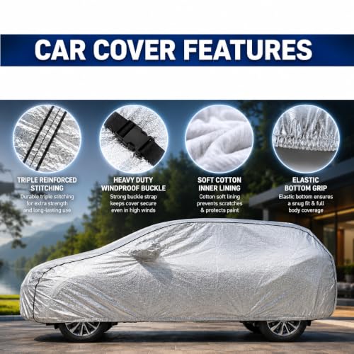 Image of Waterproof Car Cover for Virtus | Soft Cotton Lining Heavy Duty Triple Stitched Heat Resistant Outdoor Cover Comes with Mirror and Antenna Pocket Full Bottom Elastic (Zig Zag Silver)
