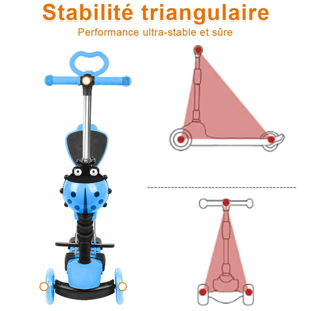 Trottinette avec Siège 5 en 1,Trottinette Enfant,3 Roues Plateau Antidérapant LED, Patinette réglable en Hauteur,Idéal Cadeau pour Enfants 2 a 8 Ans,30KG