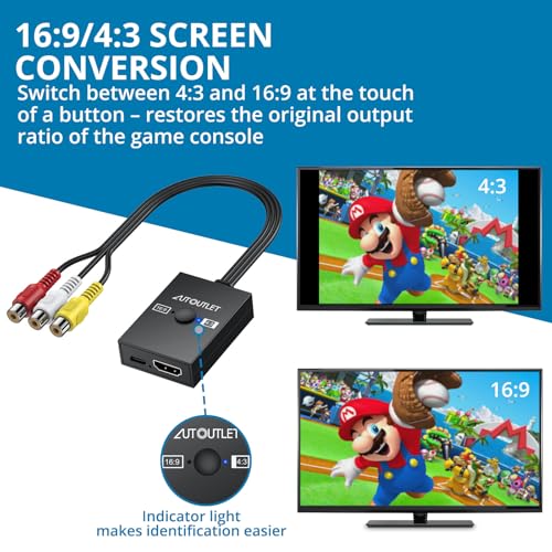 Image of AUTOUTLET RCA to HDMI Converter, AV to HDMI Adapter with 4:3 /16:9 Aspect Ratio Switch, Supports 1080P /720P, Includes 1.5ft HDMI Cable for Retro Game Consoles (PS1, PS2, Wii, N64, DVD, VHS, VCR)