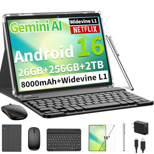 Image of Android 16 tablet with keyboard - 26GB+56GB+2TB, Octa-Core(Silver Case) | 10 inch Tablet with Gemini AI, 8000mAh, 5G WiFi, Widevine L1, GPS, GMS, Electronics Tablets with Case /Mouse /Stylus