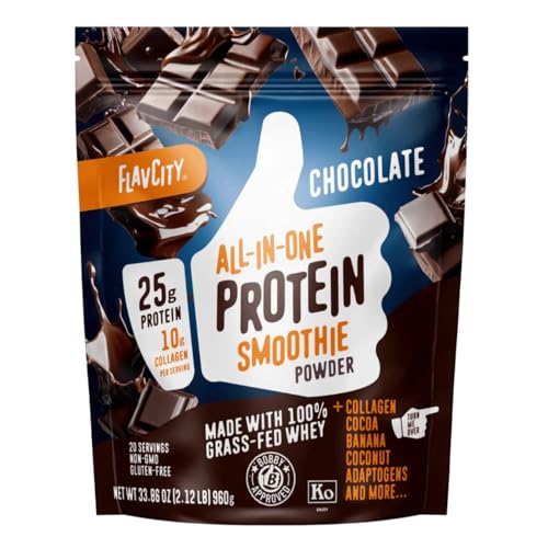 FlavCity Chocolate Protein Powder, Organic Cocoa with Collagen Peptides, Reishi & Cordyceps Mushrooms - Focus, Skin, Hair & Joint Support - 100% Grass Fed Whey All in One Smoothie, 20 Servings